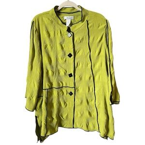 Moonlight Chartreuse Size XL Lagenlook Mandarin Collar Textured Button Down Top